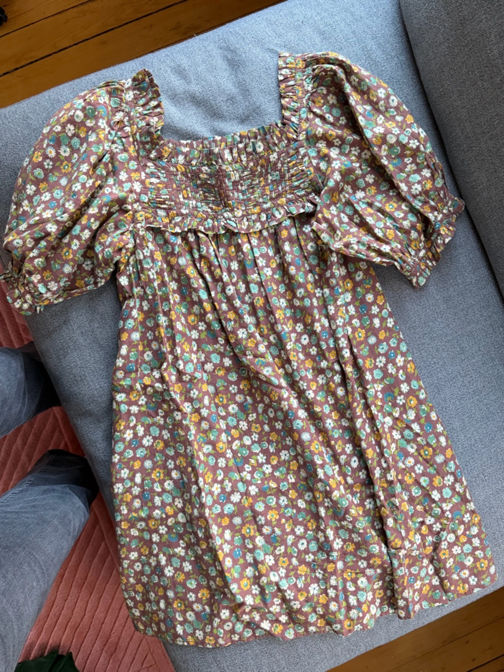 Doen Brown Floral Smocked Puff-Sleeve short summer Dress nwot medium